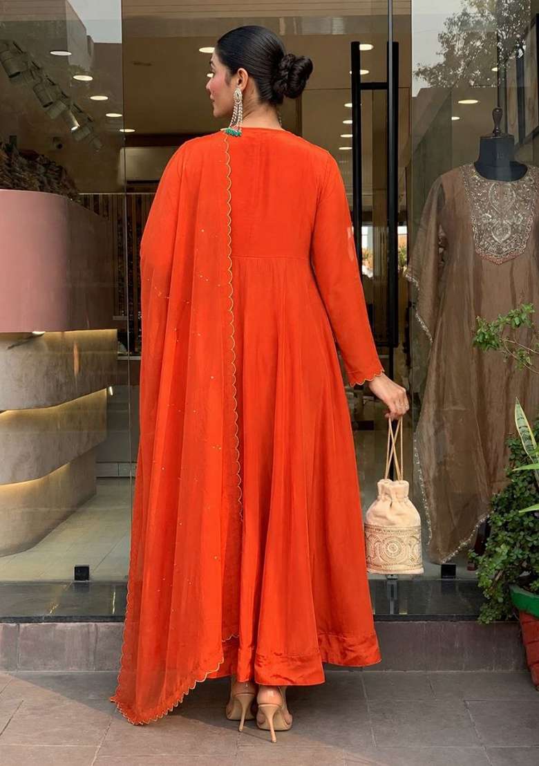 Rust Orange Embroidery Silk Kurta Set - Indya