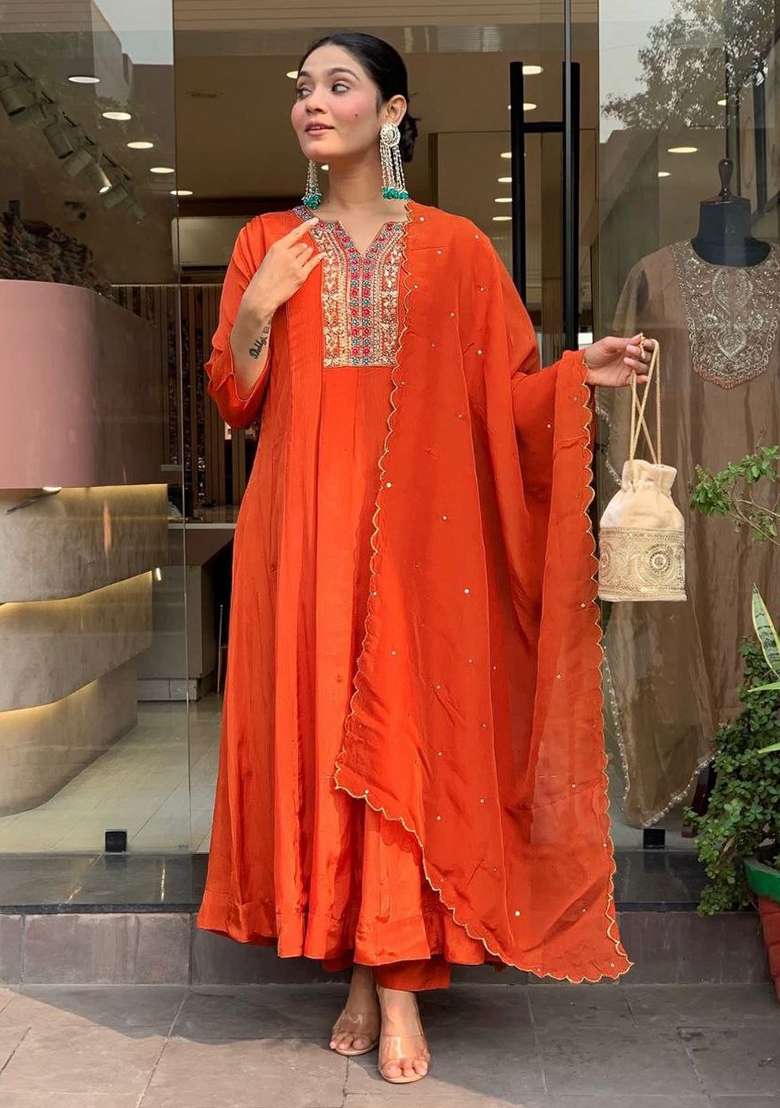 Rust Orange Embroidery Silk Kurta Set - Indya