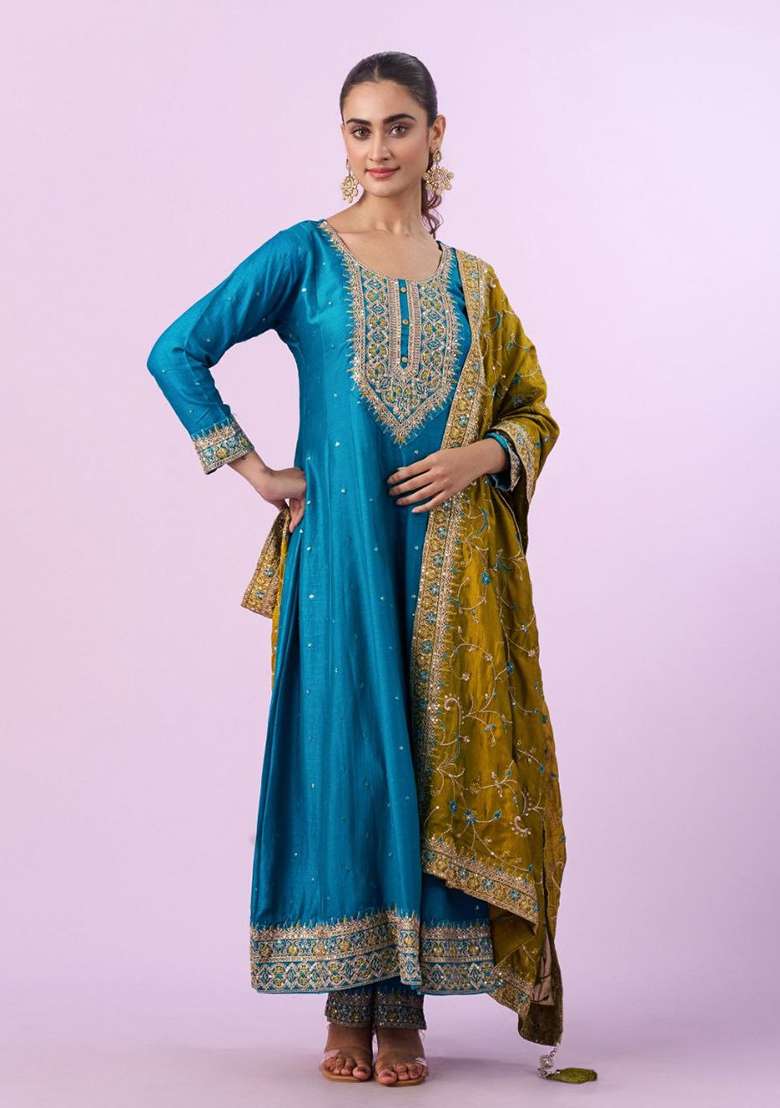 Teal Sky Blue Embroidery Silk Kurta Set - Indya