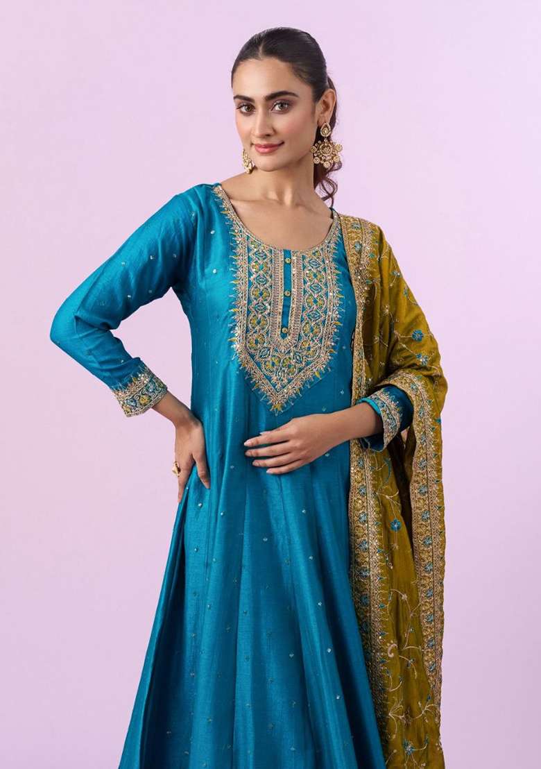 Teal Sky Blue Embroidery Silk Kurta Set - Indya