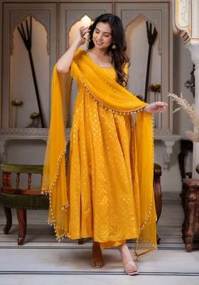 Yellow Embroidery Silk Kurta Set