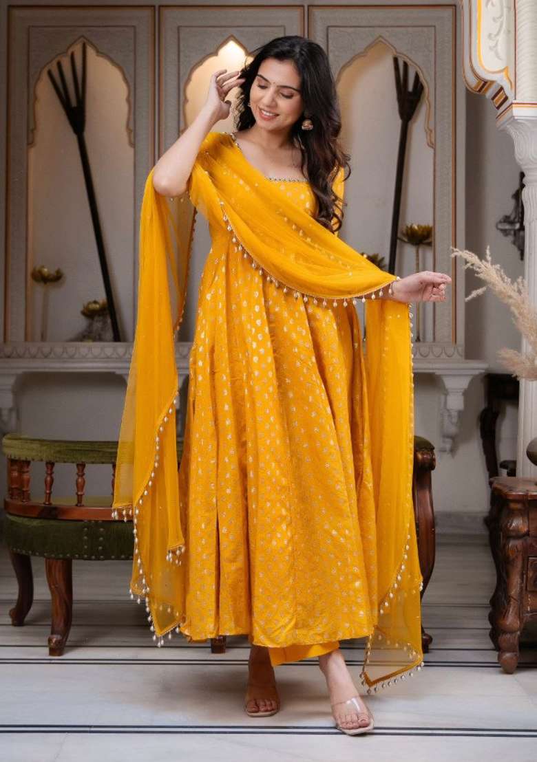 Yellow Embroidery Silk Kurta Set - Indya