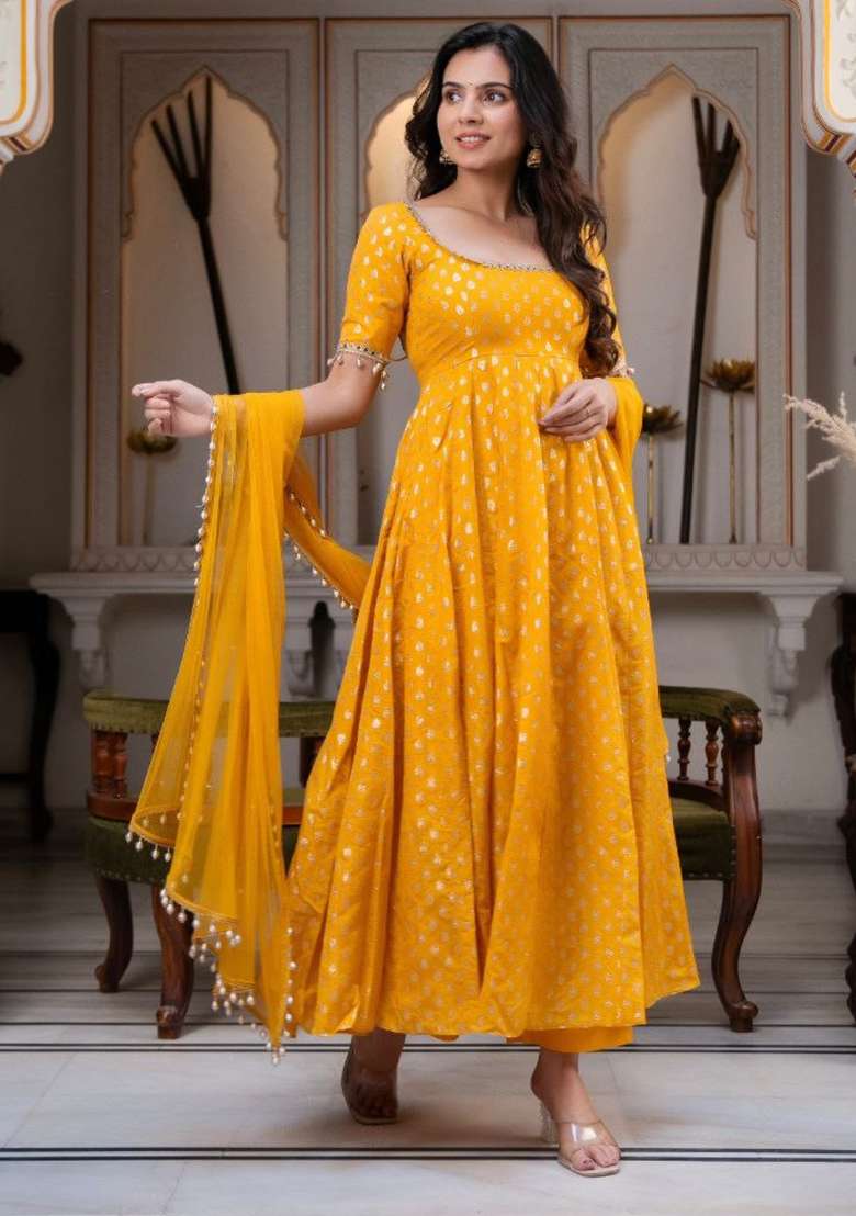 Yellow Embroidery Silk Kurta Set - Indya