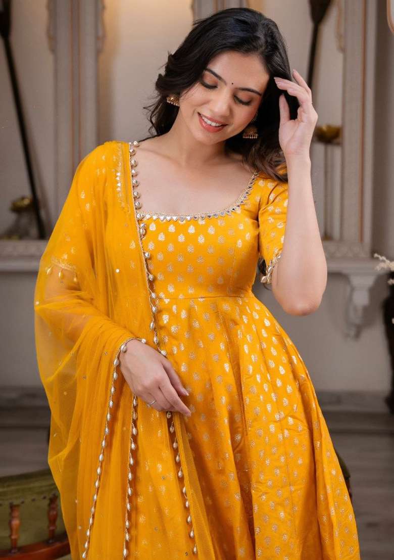 Yellow Embroidery Silk Kurta Set - Indya