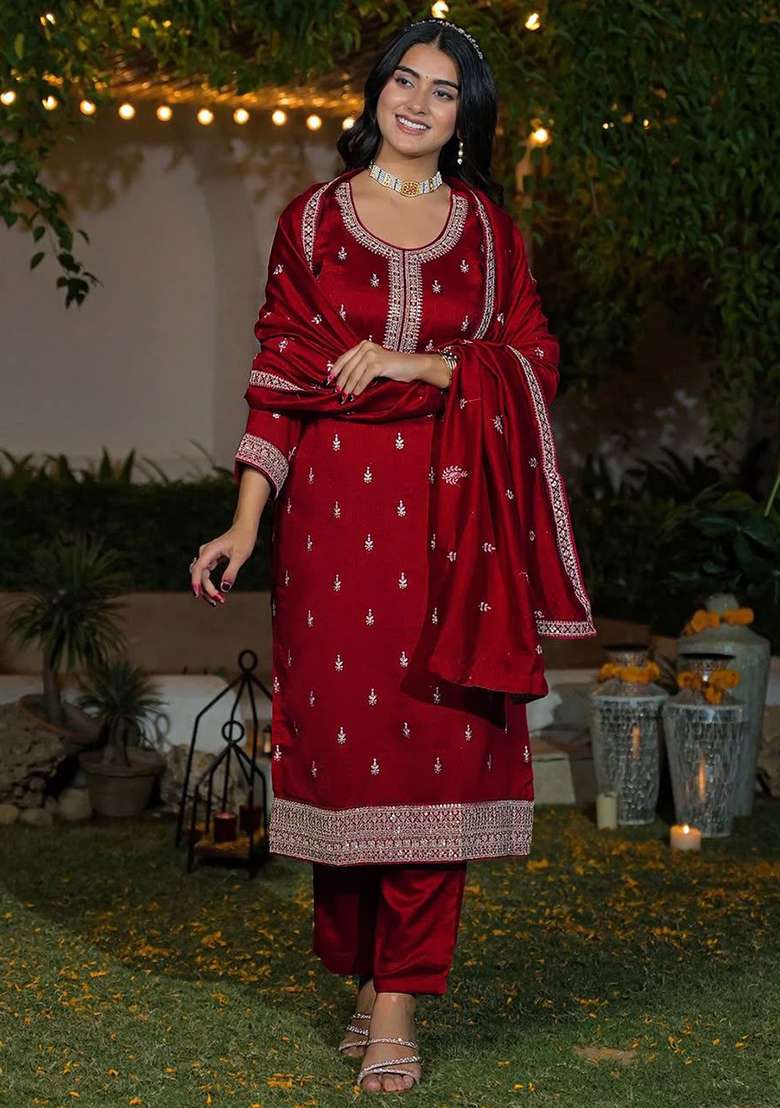 Red Embroidery Silk Kurta Set - Indya