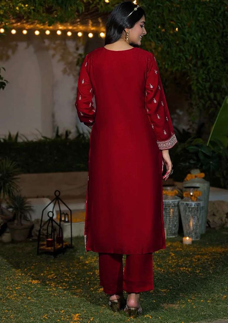 Red Embroidery Silk Kurta Set - Indya