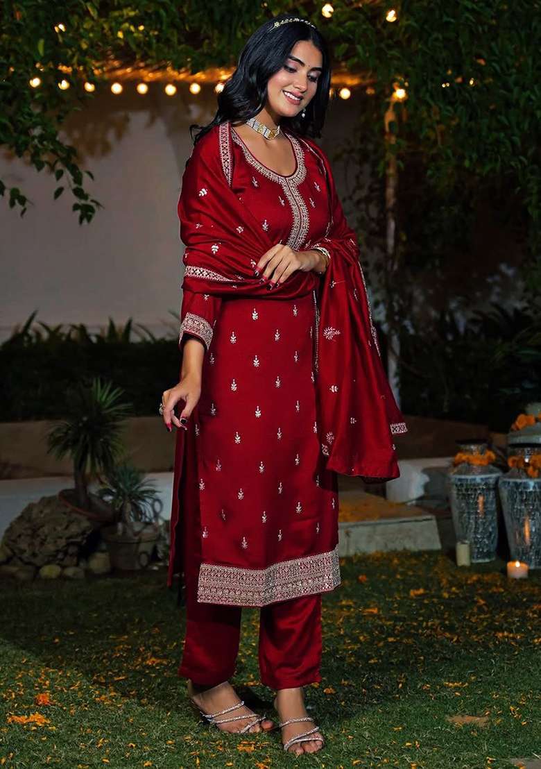 Red Embroidery Silk Kurta Set - Indya