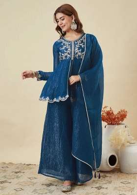 Teal Embroidery Silk Kurta Set