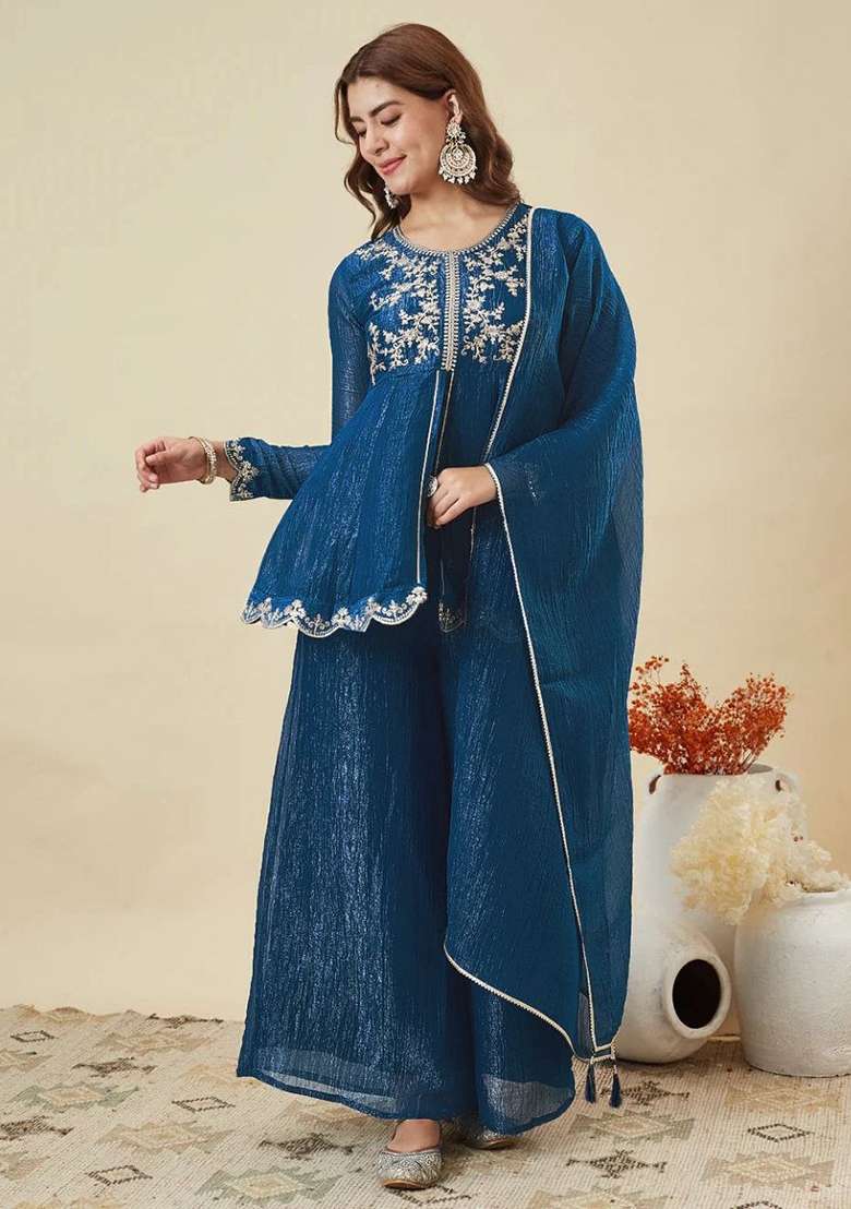 Teal Embroidery Silk Kurta Set - Indya