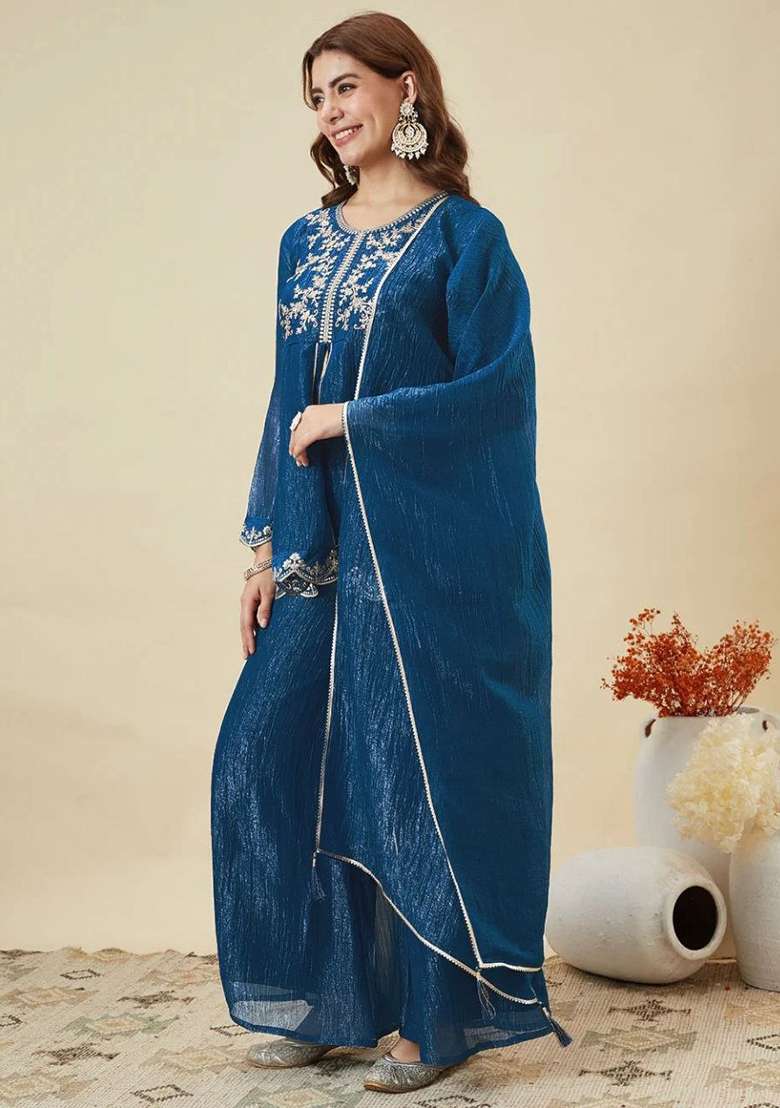 Teal Embroidery Silk Kurta Set - Indya