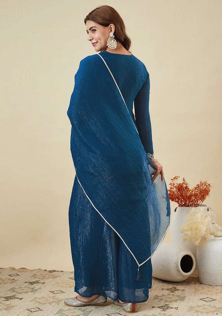 Teal Embroidery Silk Kurta Set - Indya