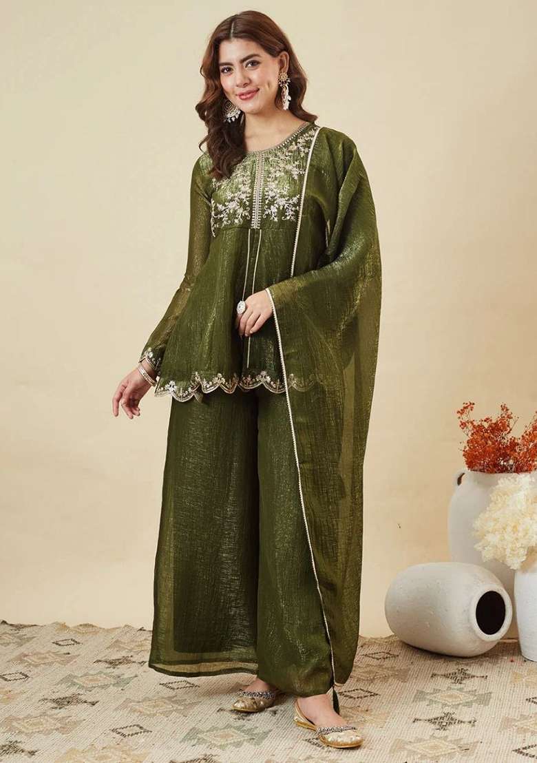 Mehendi Embroidery Silk Kurta Set - Indya