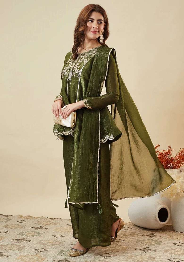 Mehendi Embroidery Silk Kurta Set - Indya