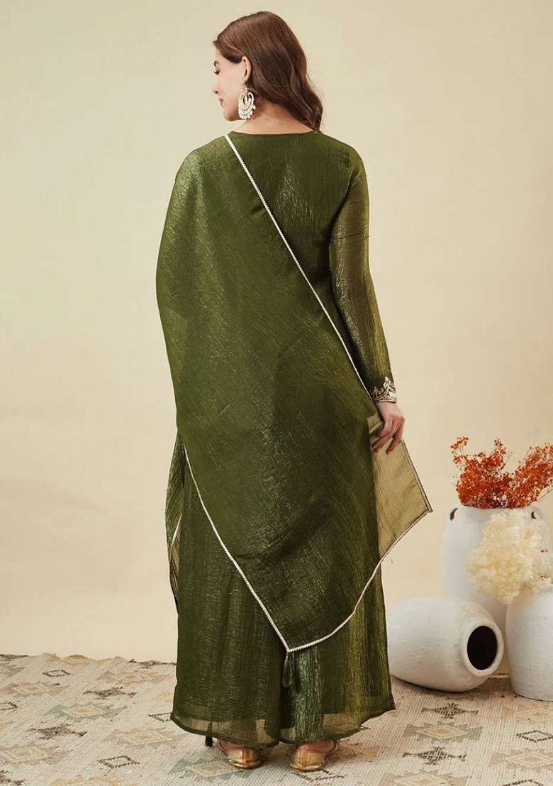 Mehendi Embroidery Silk Kurta Set - Indya