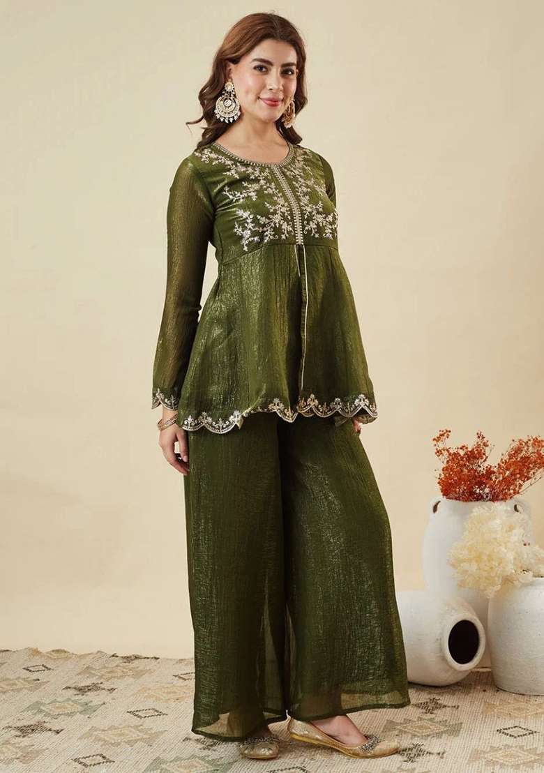 Mehendi Embroidery Silk Kurta Set - Indya