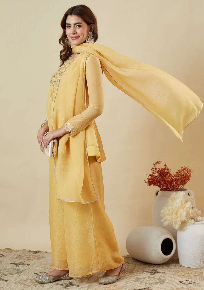Light Yellow Embroidery Silk Kurta Set - Indya