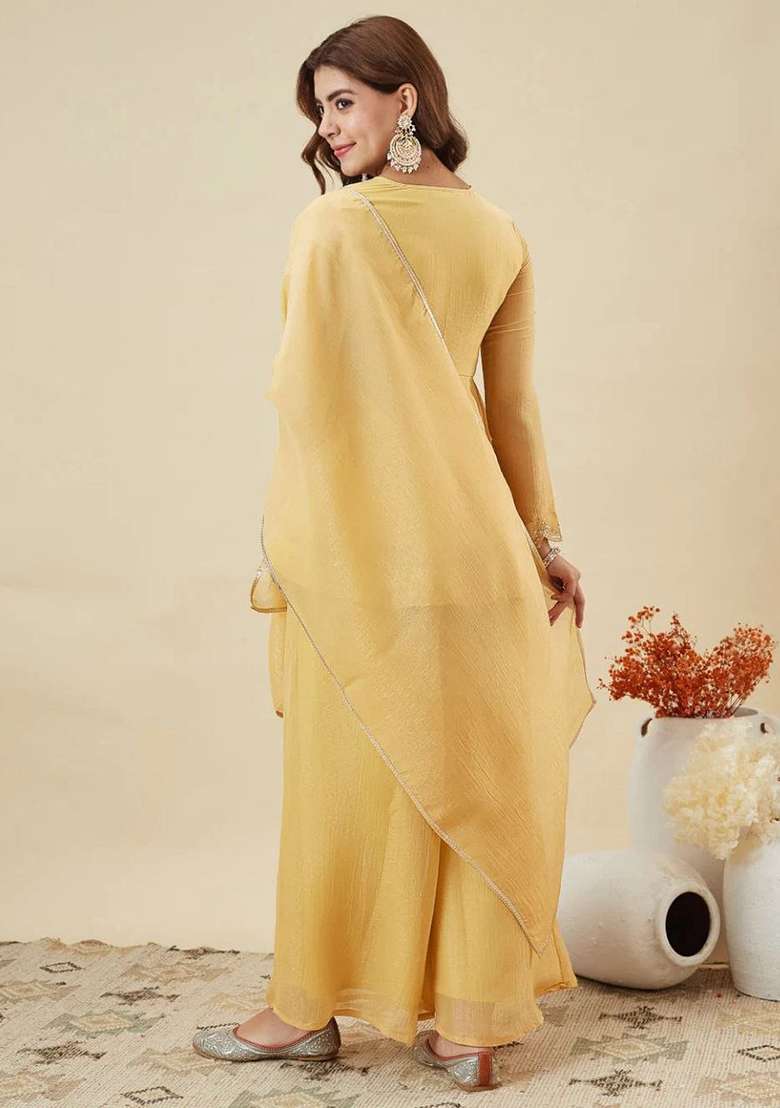 Light Yellow Embroidery Silk Kurta Set - Indya