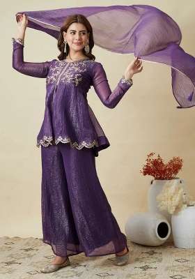 Purple Embroidery Silk Kurta Set