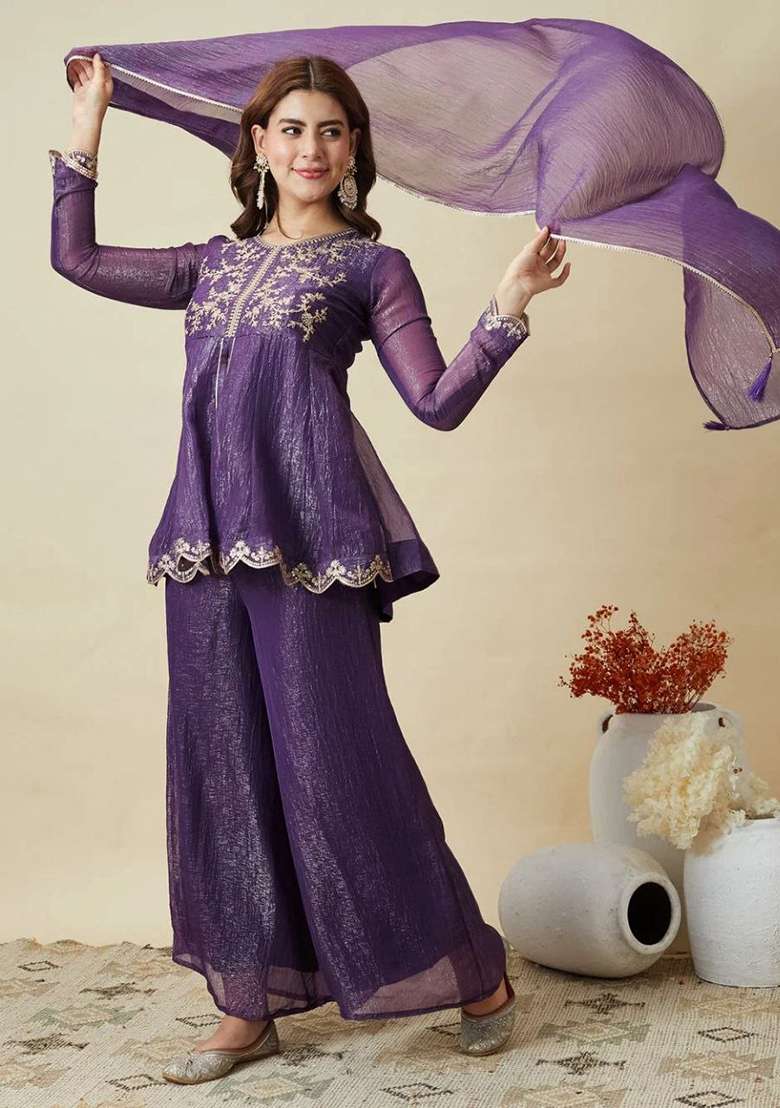 Purple Embroidery Silk Kurta Set - Indya