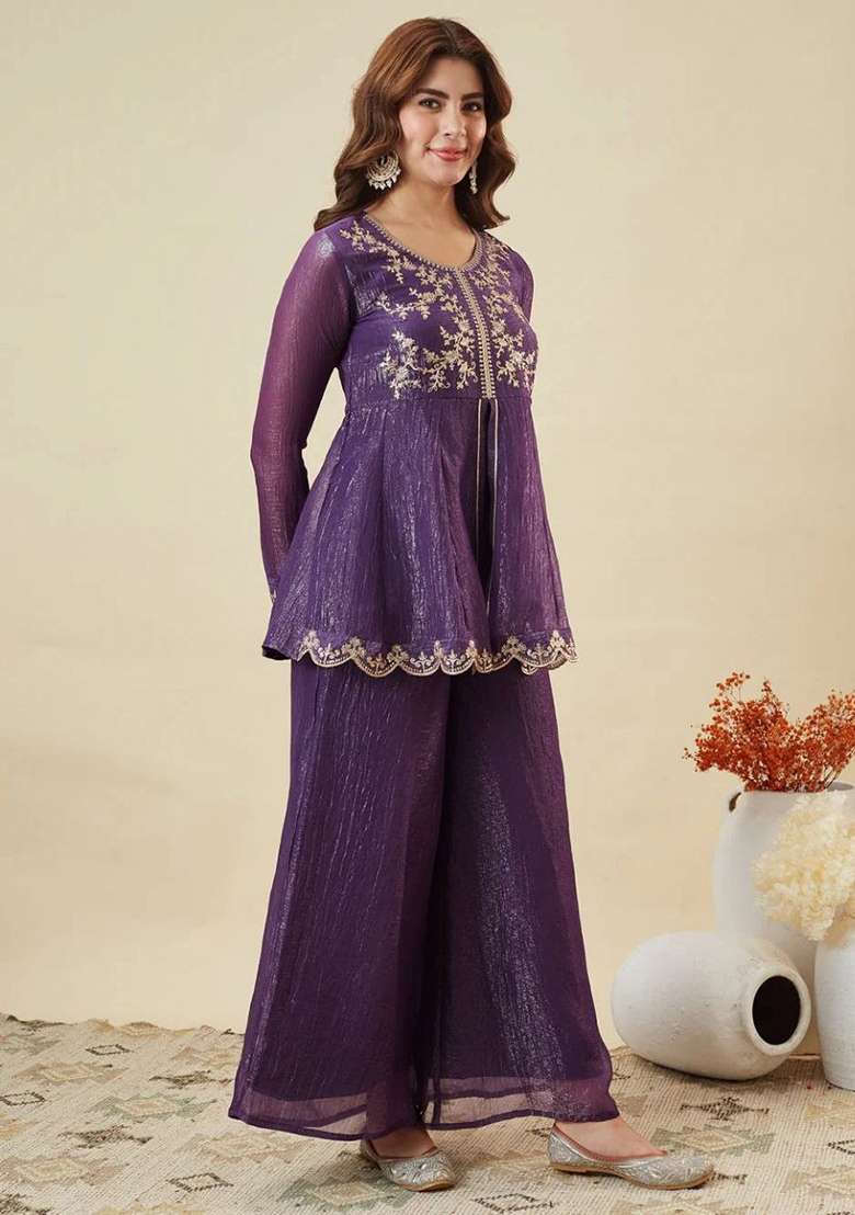 Purple Embroidery Silk Kurta Set - Indya
