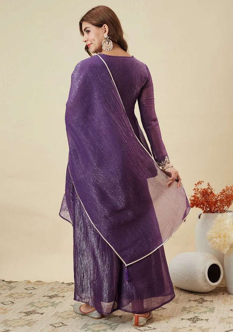 Purple Embroidery Silk Kurta Set - Indya