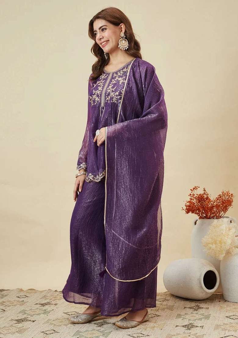 Purple Embroidery Silk Kurta Set - Indya