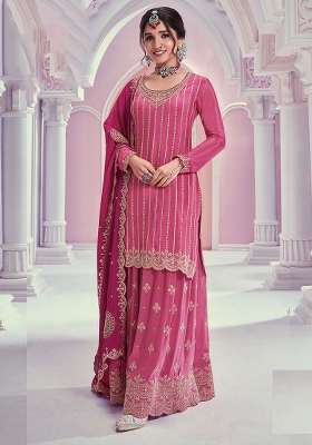 Pink Embroidery Chinon Kurta Set