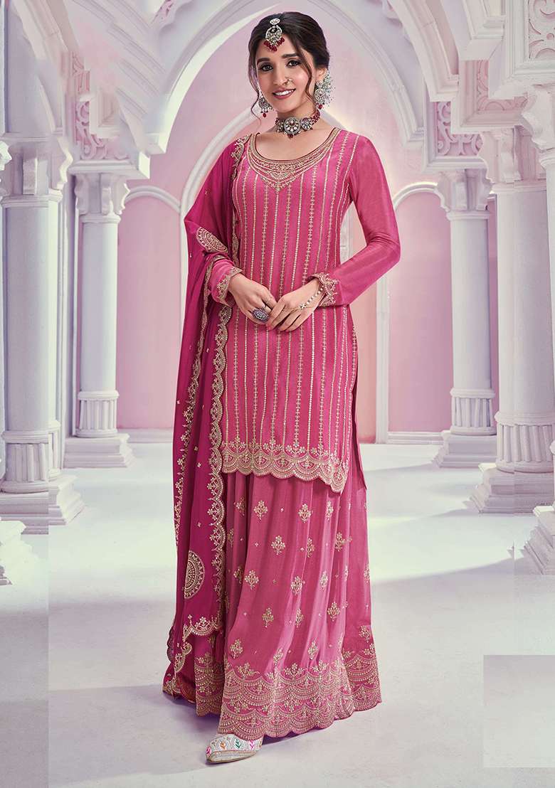 Pink Embroidery Chinon Kurta Set - Indya