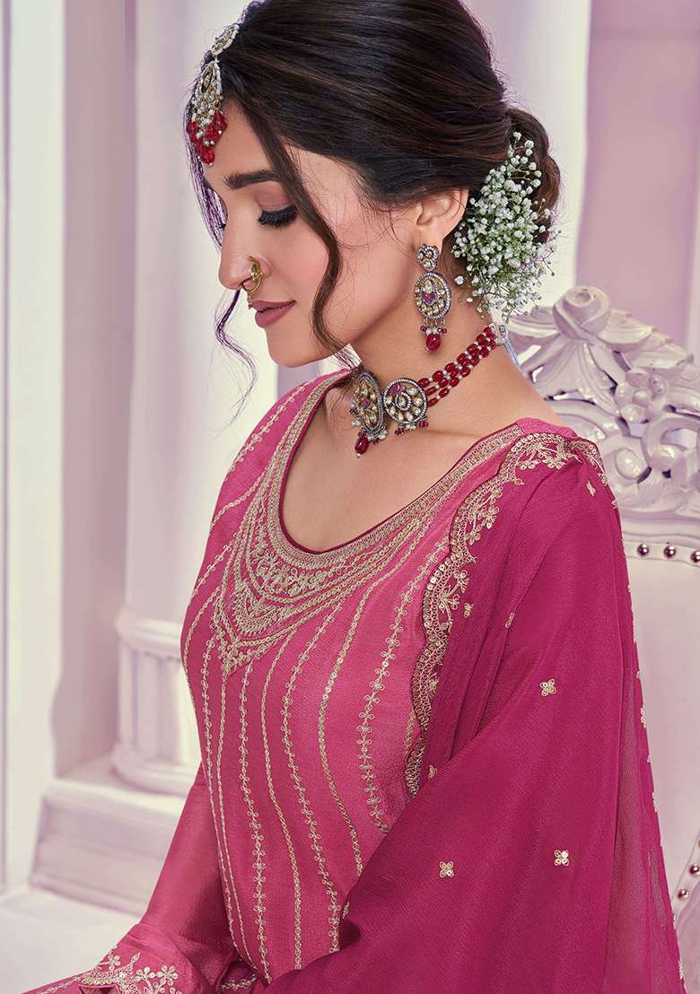 Pink Embroidery Chinon Kurta Set - Indya