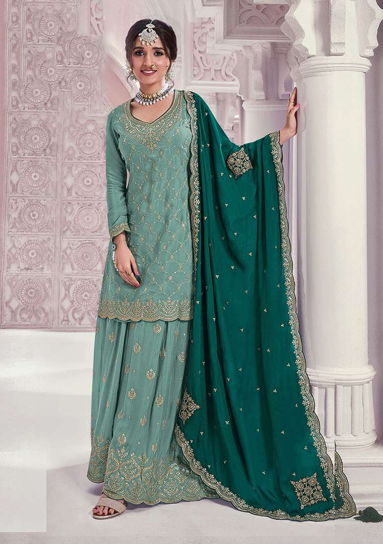 Sky Blue Embroidery Chinon Kurta Set - Indya