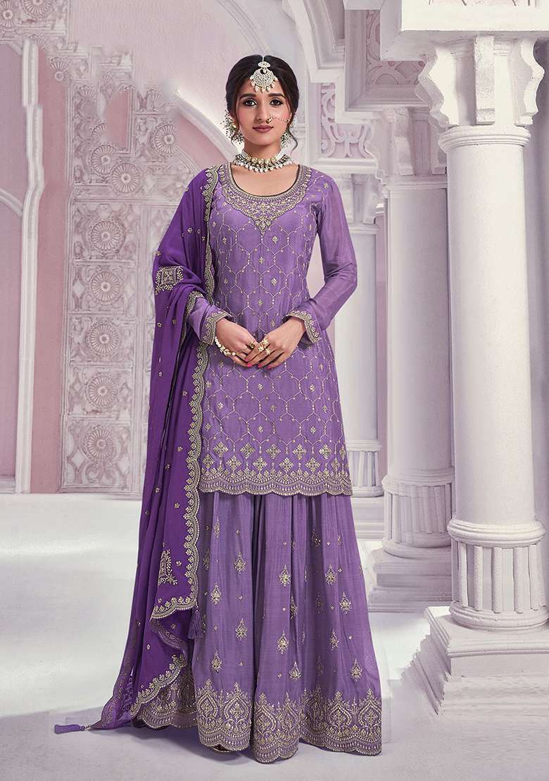 Violet Embroidery Chinon Kurta Set - Indya