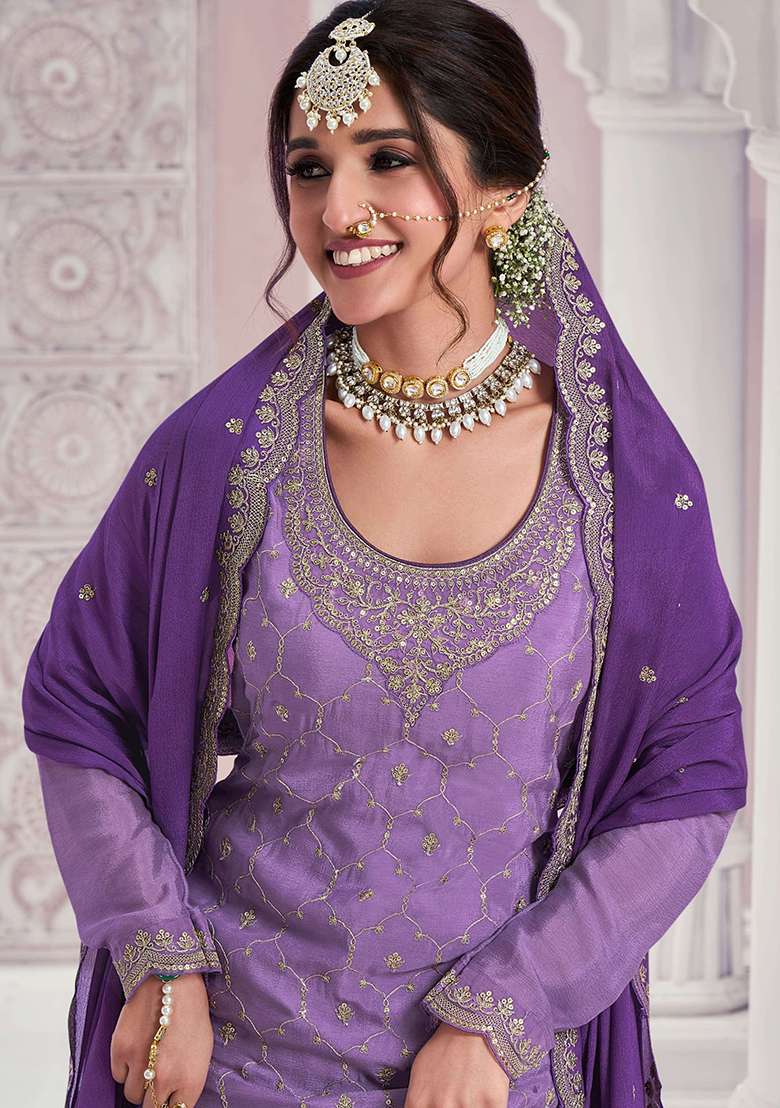 Violet Embroidery Chinon Kurta Set - Indya