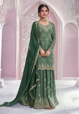 Green Embroidery Chinon Kurta Set