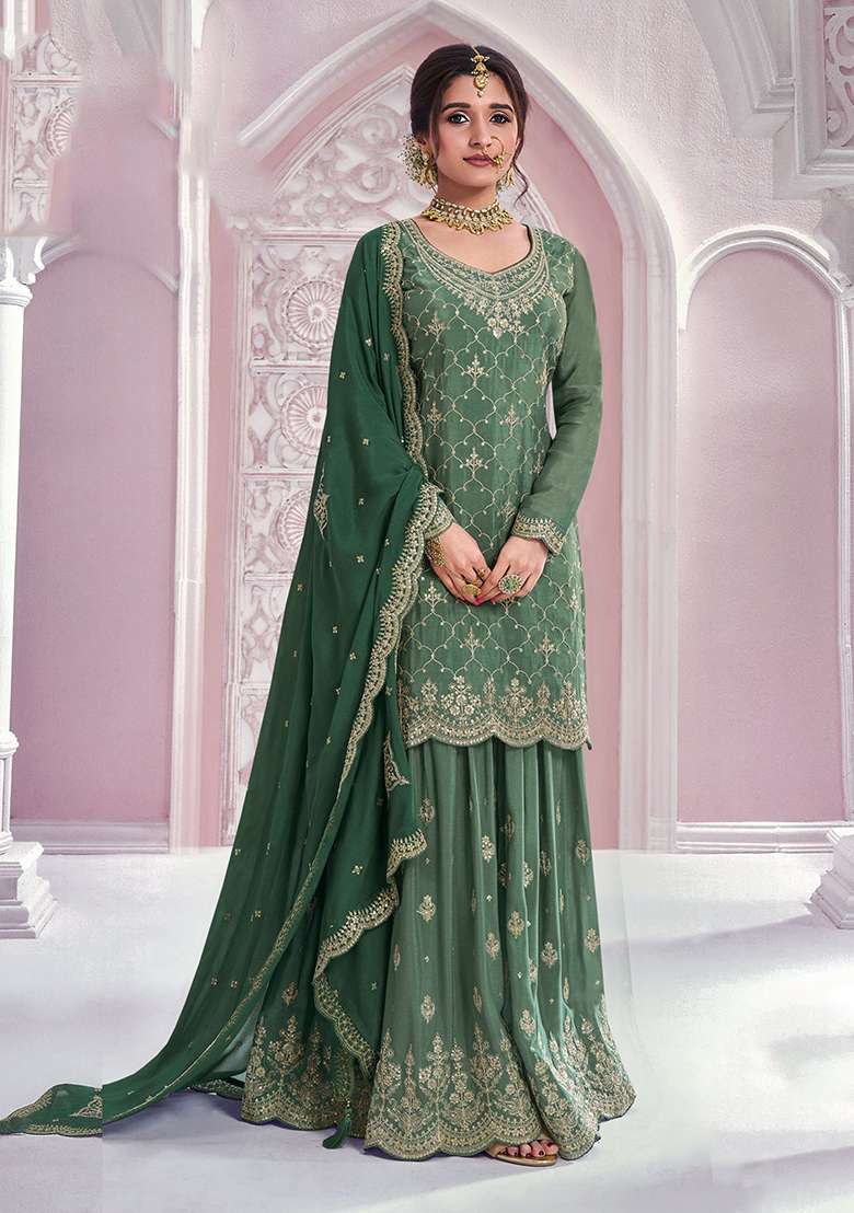 Green Embroidery Chinon Kurta Set - Indya