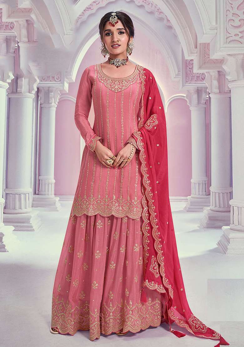 Peach Embroidery Chinon Kurta Set - Indya