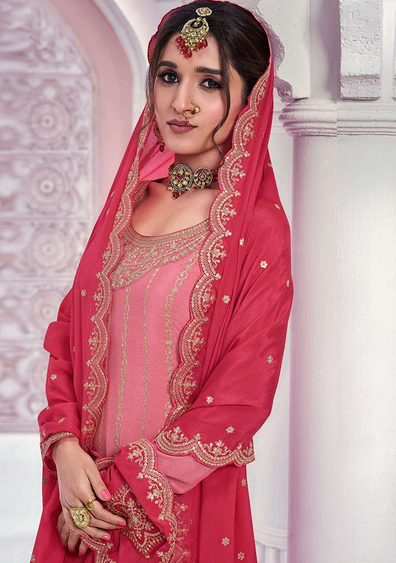 Peach Embroidery Chinon Kurta Set - Indya