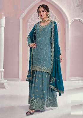Sky Blue Embroidery Chinon Kurta Set