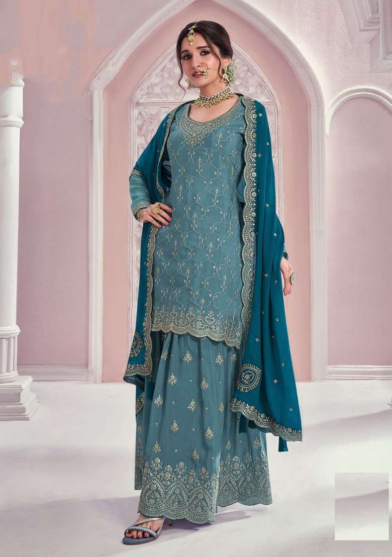 Sky Blue Embroidery Chinon Kurta Set - Indya