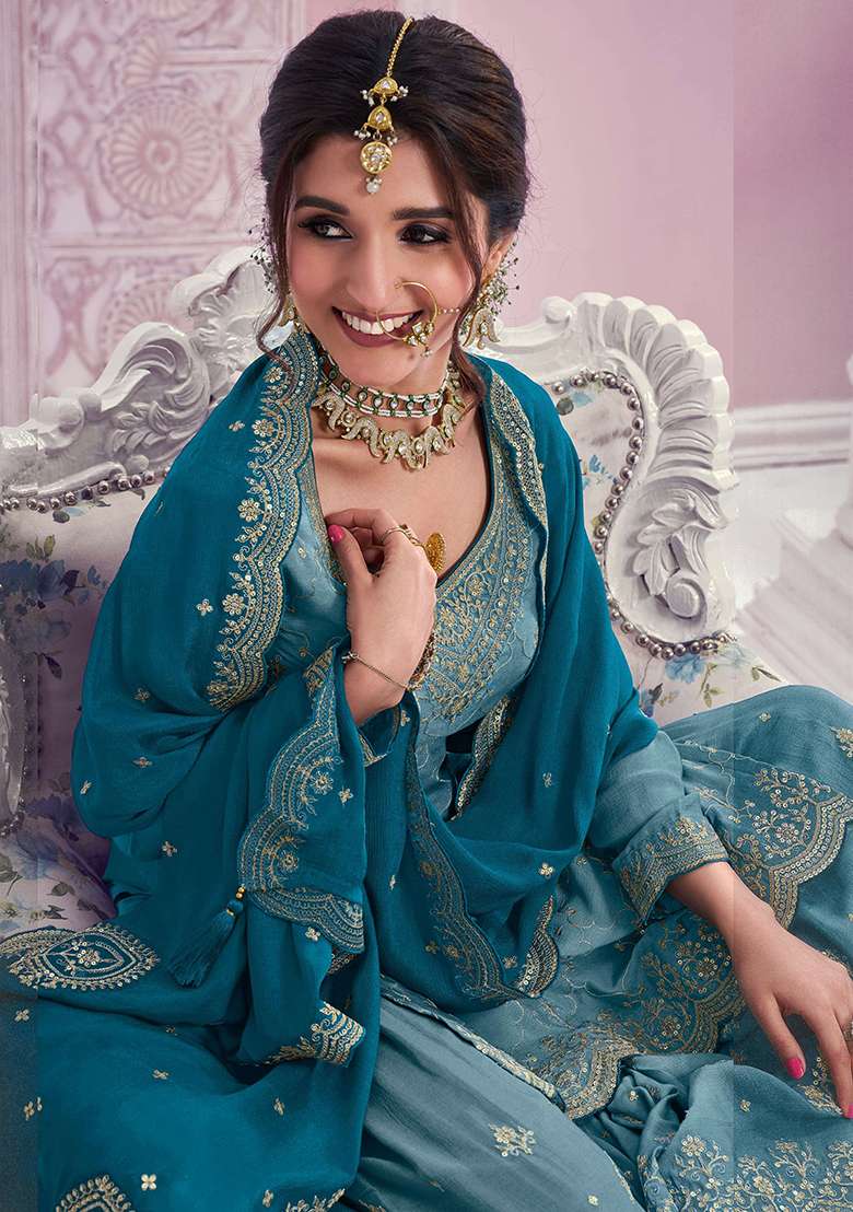 Sky Blue Embroidery Chinon Kurta Set - Indya