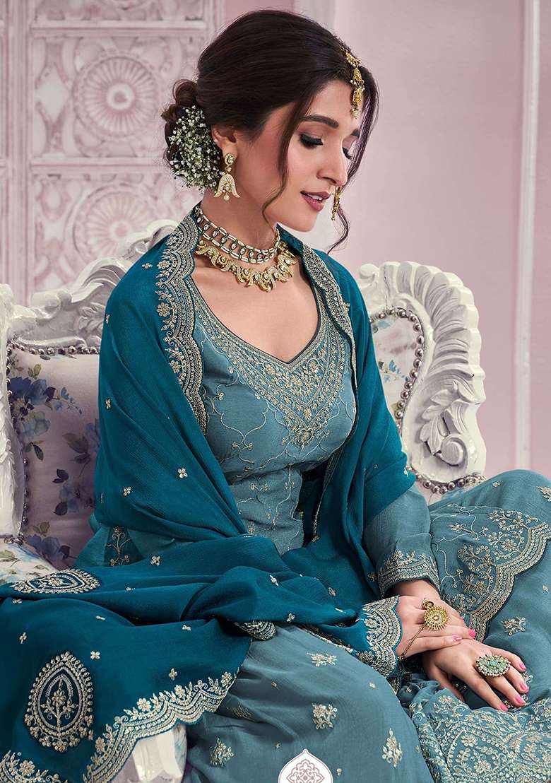 Sky Blue Embroidery Chinon Kurta Set - Indya