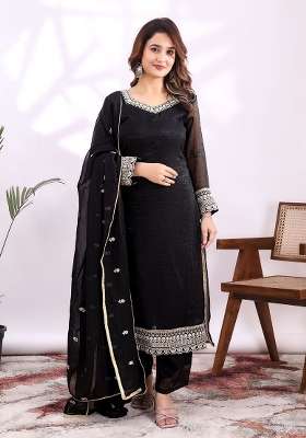 Black Embroidery Silk Kurta Set