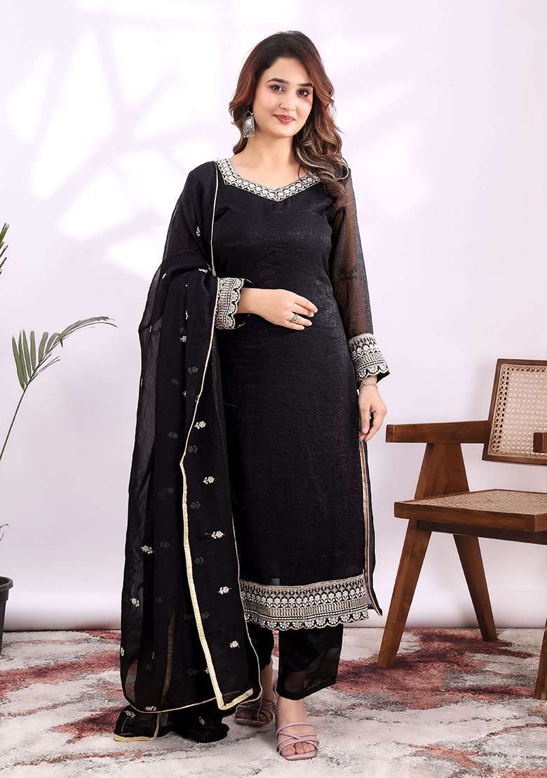 Black Embroidery Silk Kurta Set - Indya