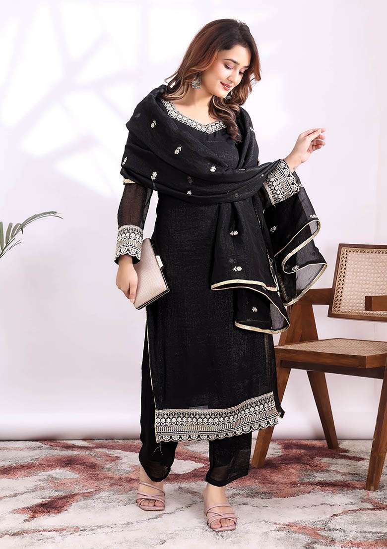 Black Embroidery Silk Kurta Set - Indya