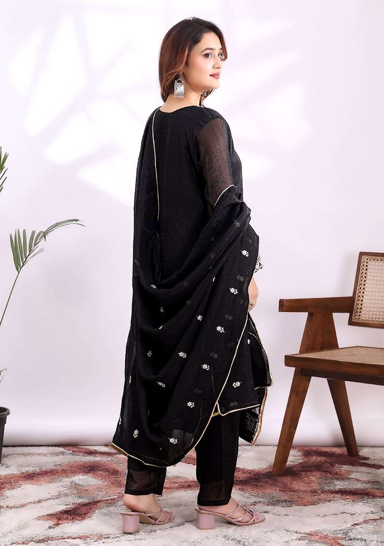 Black Embroidery Silk Kurta Set - Indya