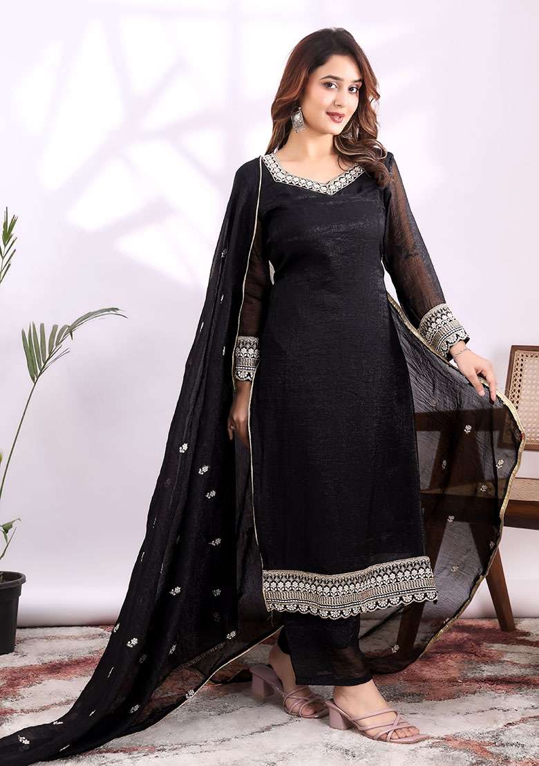 Black Embroidery Silk Kurta Set - Indya