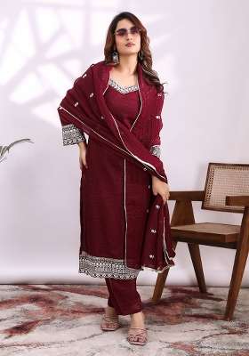 Maroon Embroidery Silk Kurta Set