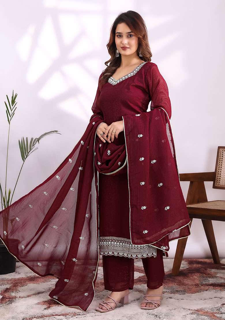 Maroon Embroidery Silk Kurta Set - Indya