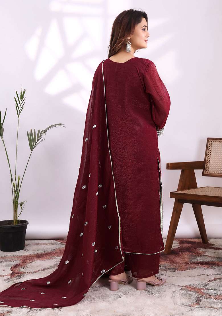 Maroon Embroidery Silk Kurta Set - Indya