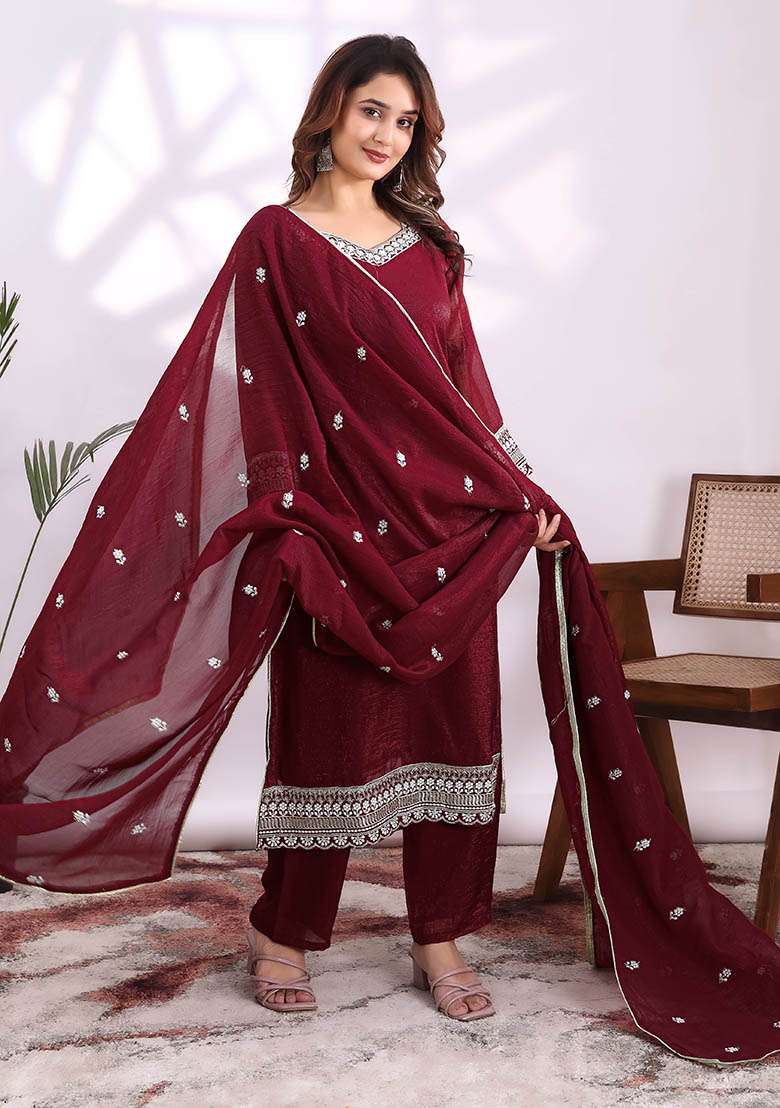 Maroon Embroidery Silk Kurta Set - Indya