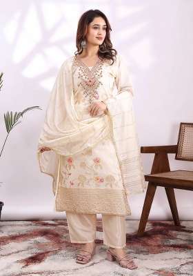 Cream Embroidery Jacquard Kurta Set